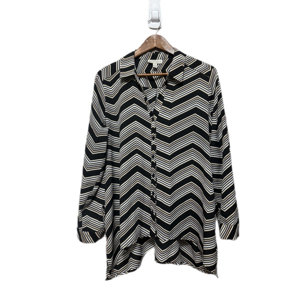 Dana Buchman Blouse Women XL Black White Chevron Excellent Button Front Top